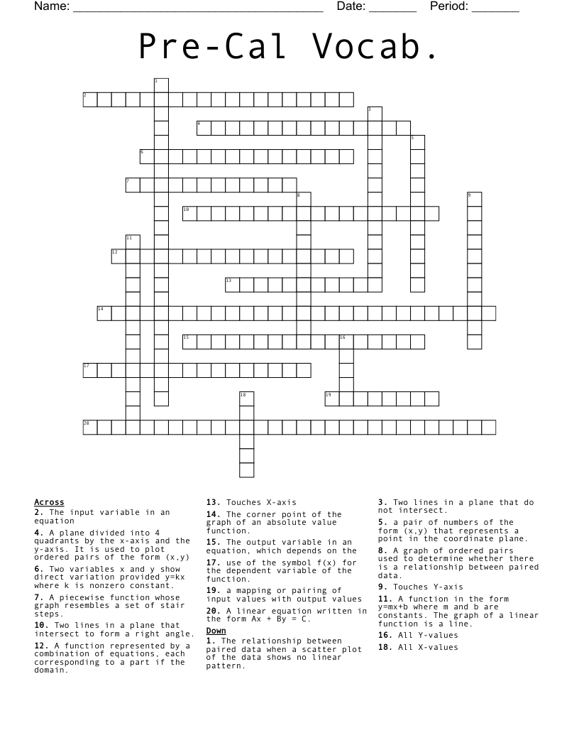 Pre-Cal Vocab. Crossword