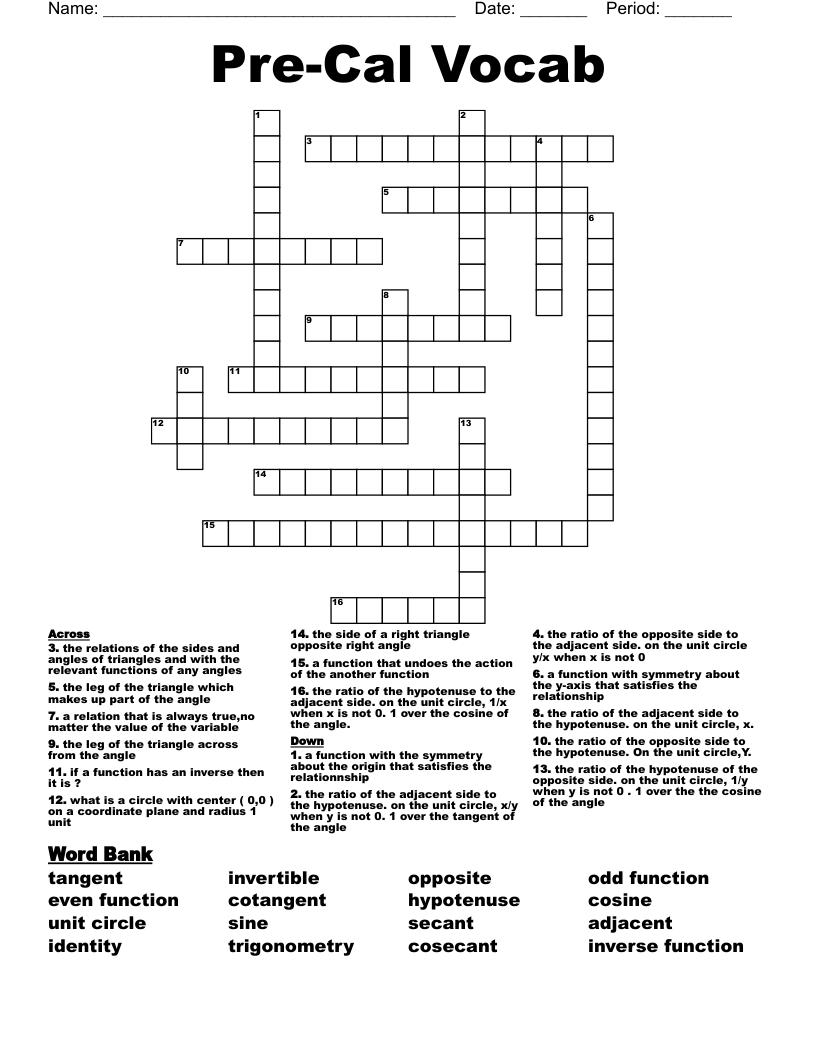 Pre-Cal Vocab  Crossword