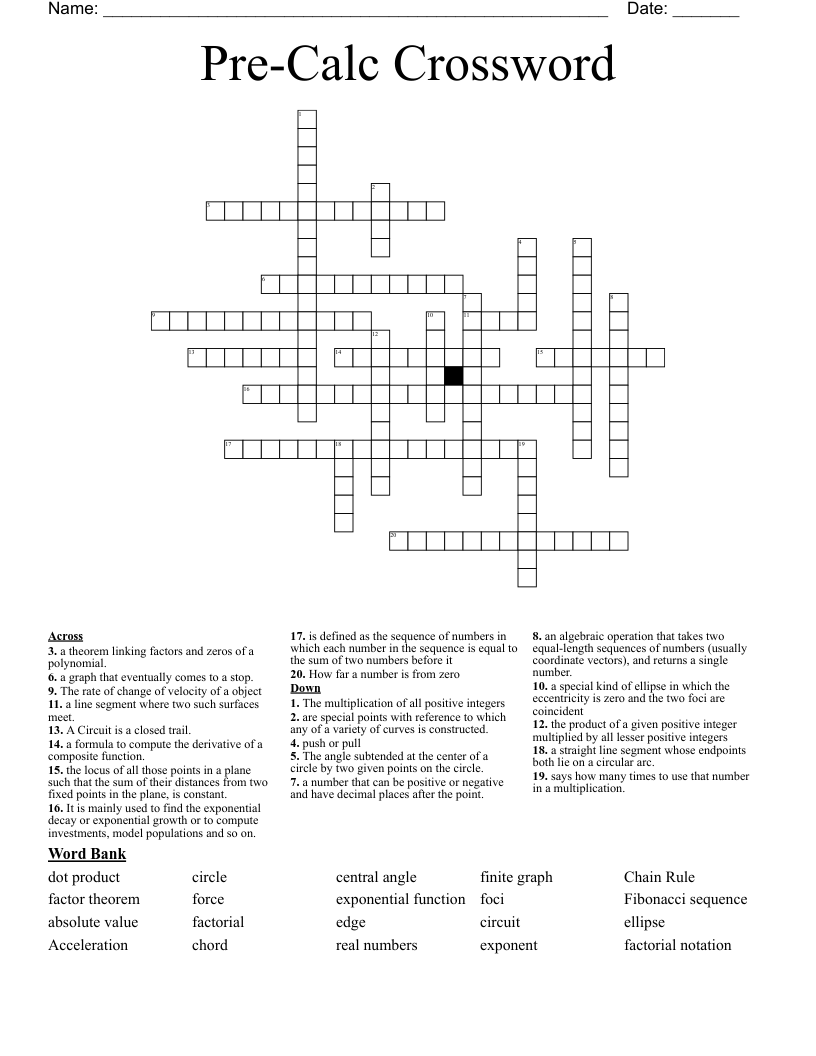 Pre-Calc Crossword