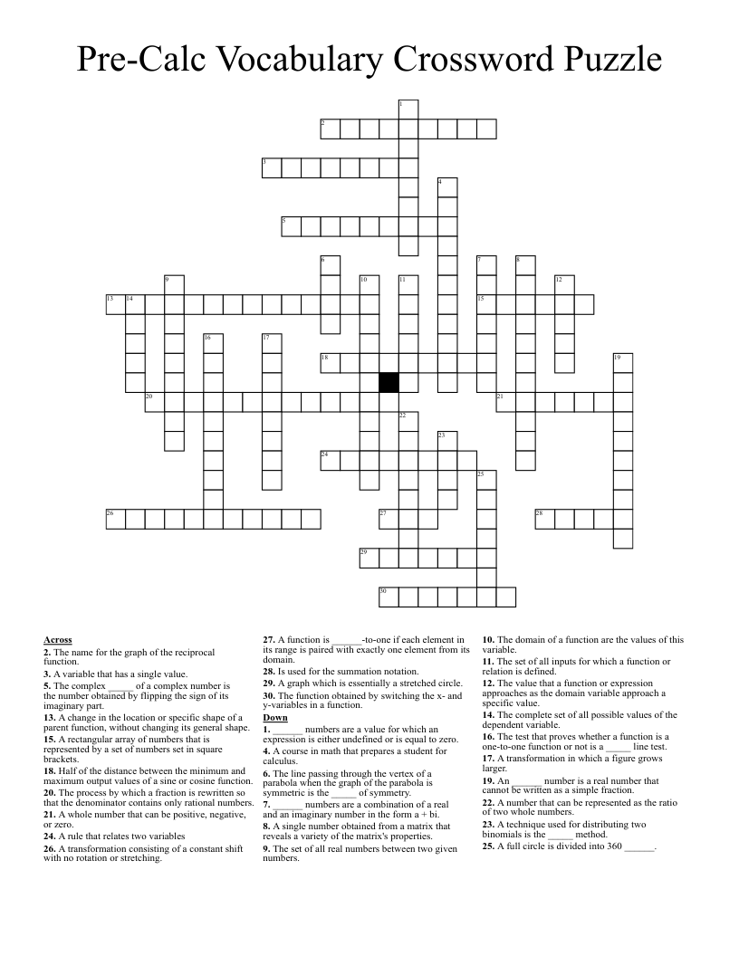Pre-Calc Vocabulary Crossword Puzzle