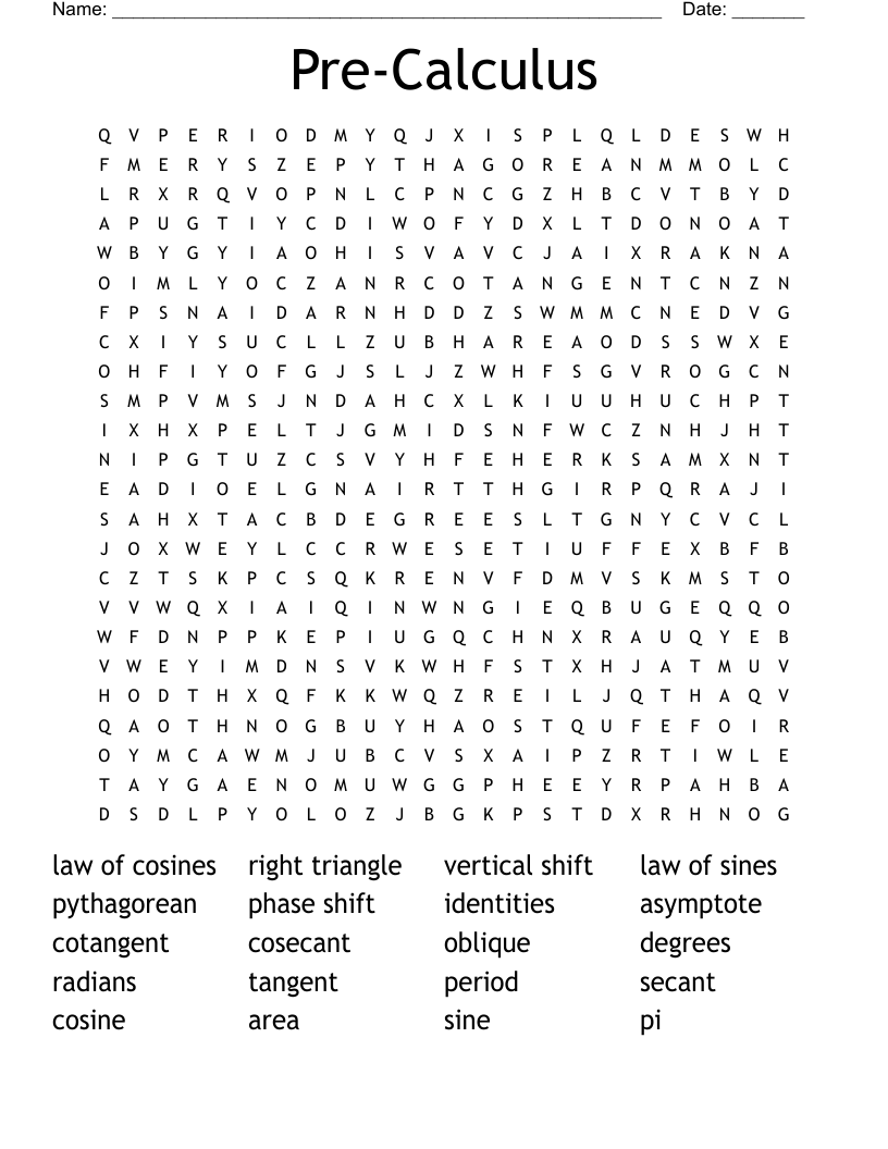 Pre-Calculus Word Search