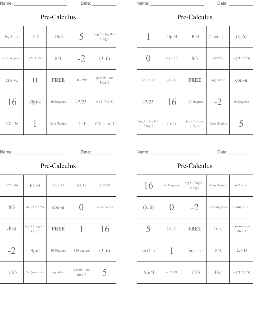 Pre-Calculus Bingo Cards