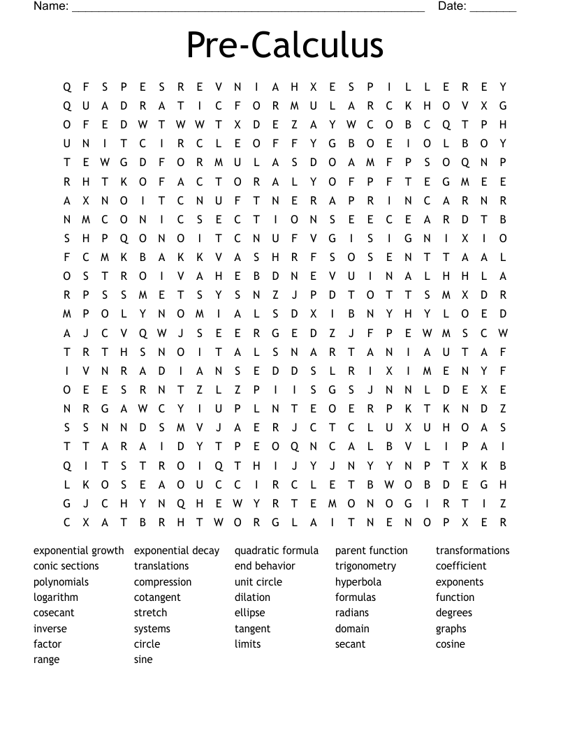 Pre-Calculus Word Search