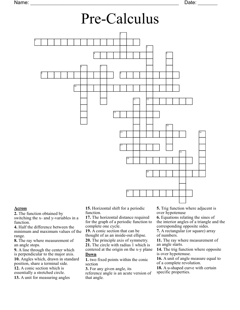 Pre-Calculus Crossword