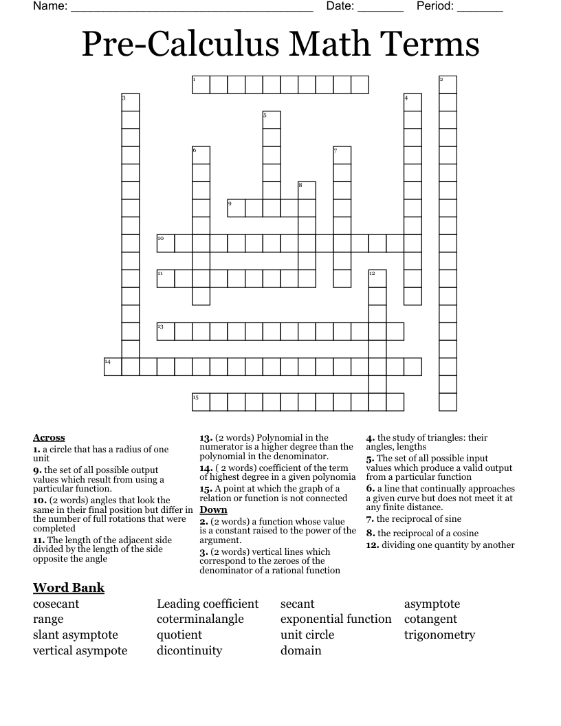 Pre-Calculus Math Terms  Crossword