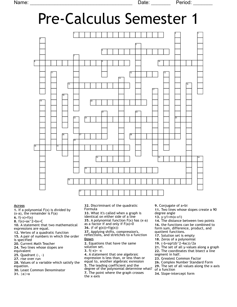 Pre-Calculus Semester 1 Crossword