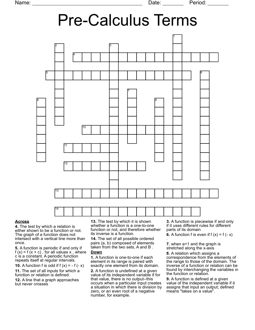 Pre-Calculus Terms Crossword