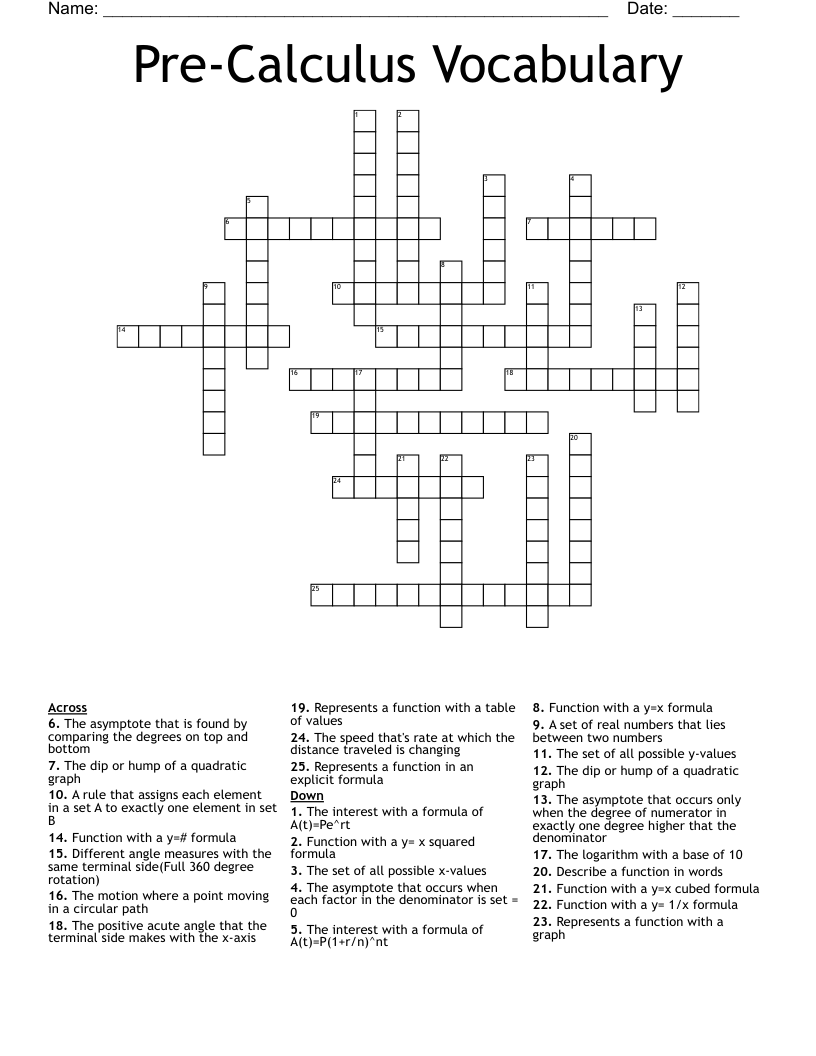 Pre-Calculus Vocabulary Crossword