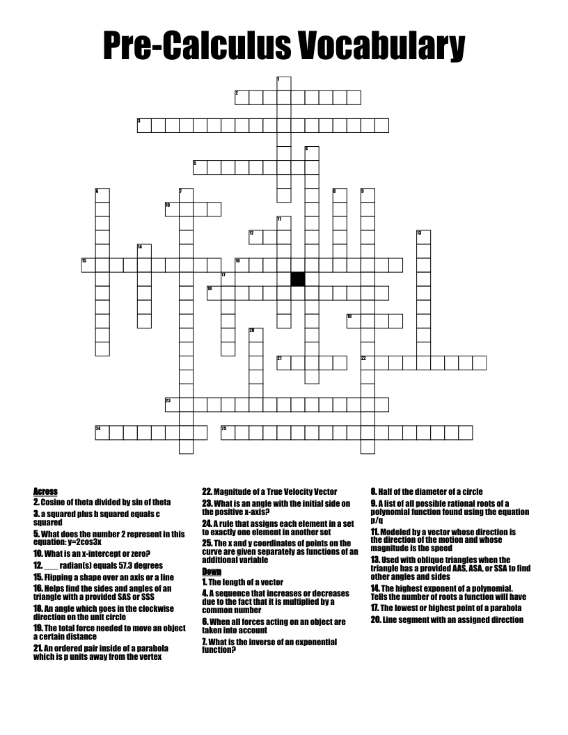 Pre-Calculus Vocabulary Crossword