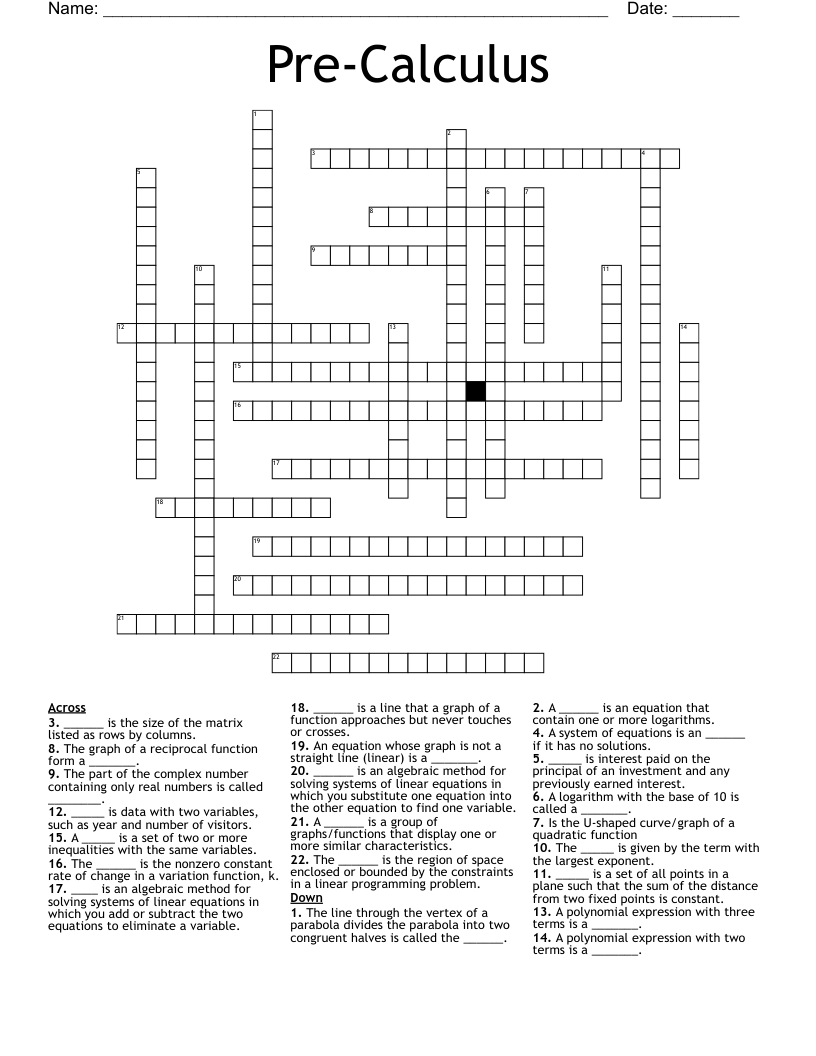 Pre-Calculus  Crossword