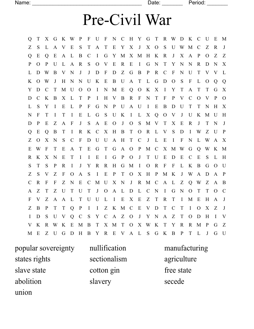 Pre-Civil War Word Search