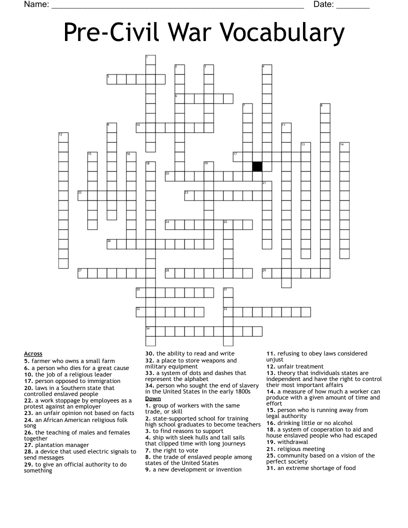 Pre-Civil War Vocabulary Crossword