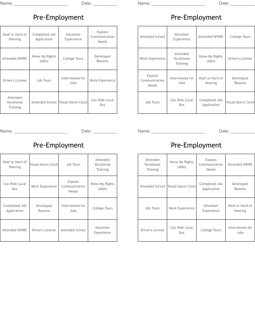 Pre-Employment  Bingo Cards