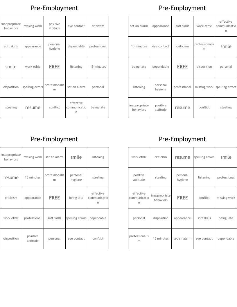 Pre-Employment  Bingo Cards