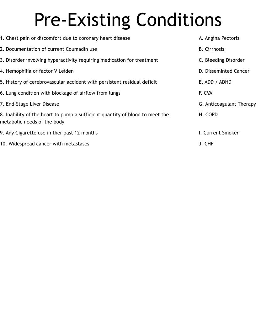 Pre-Existing Conditions Worksheet