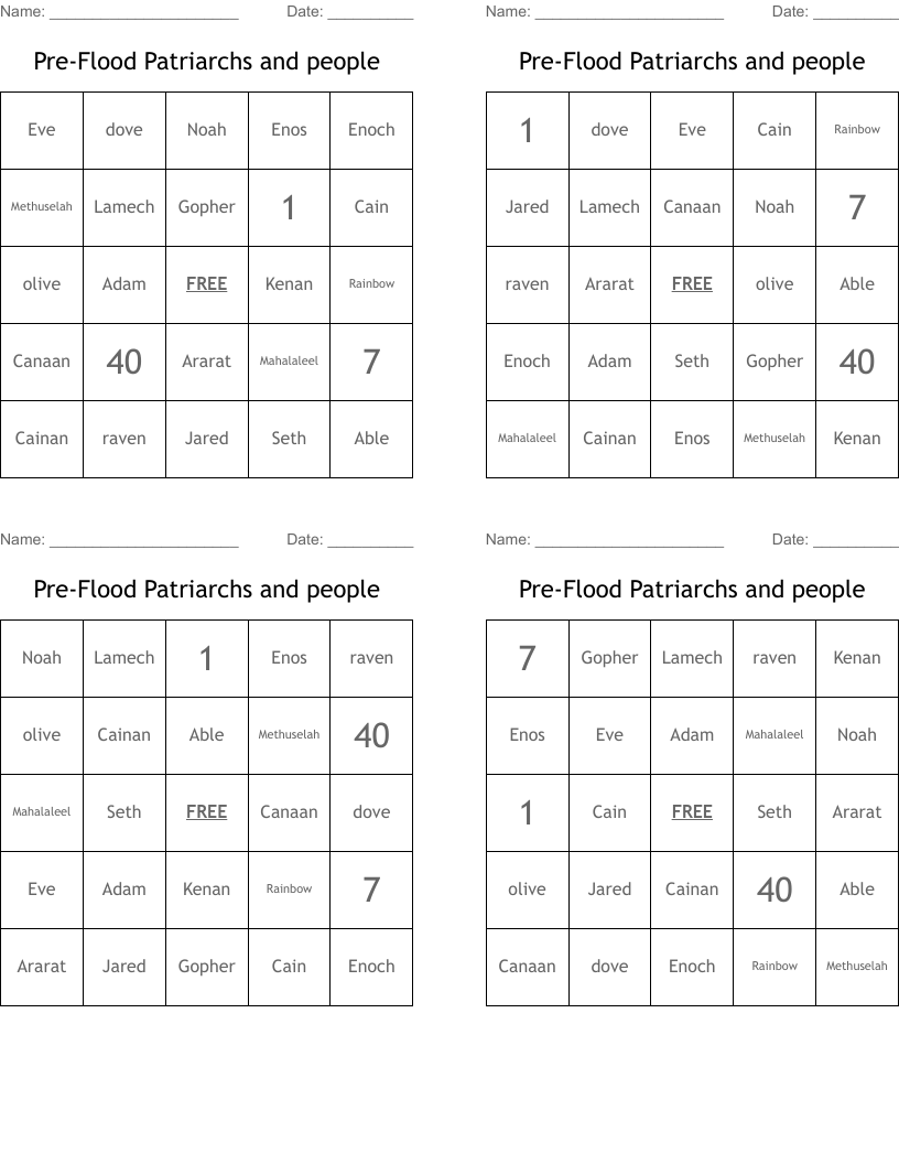 Pre-Flood Patriarchs and people Bingo Cards