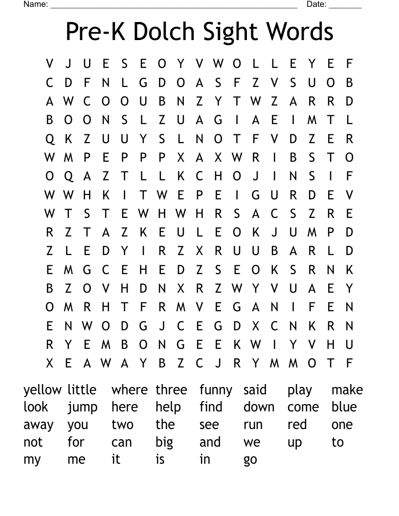 Pre-K Dolch Sight Words Word Search