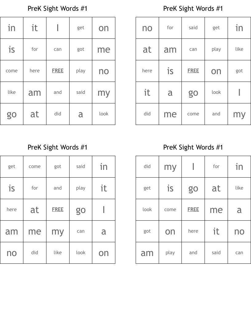 PreK Sight Words #1 Bingo Cards