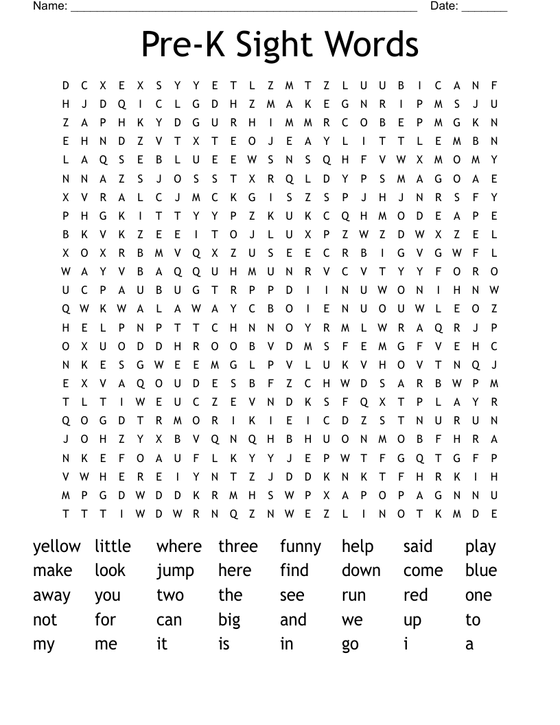 Pre-K Sight Words Word Search