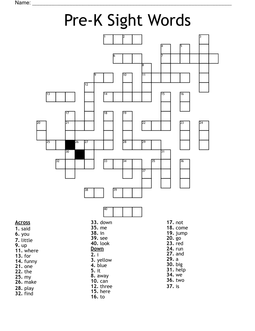 Pre-K Sight Words Crossword