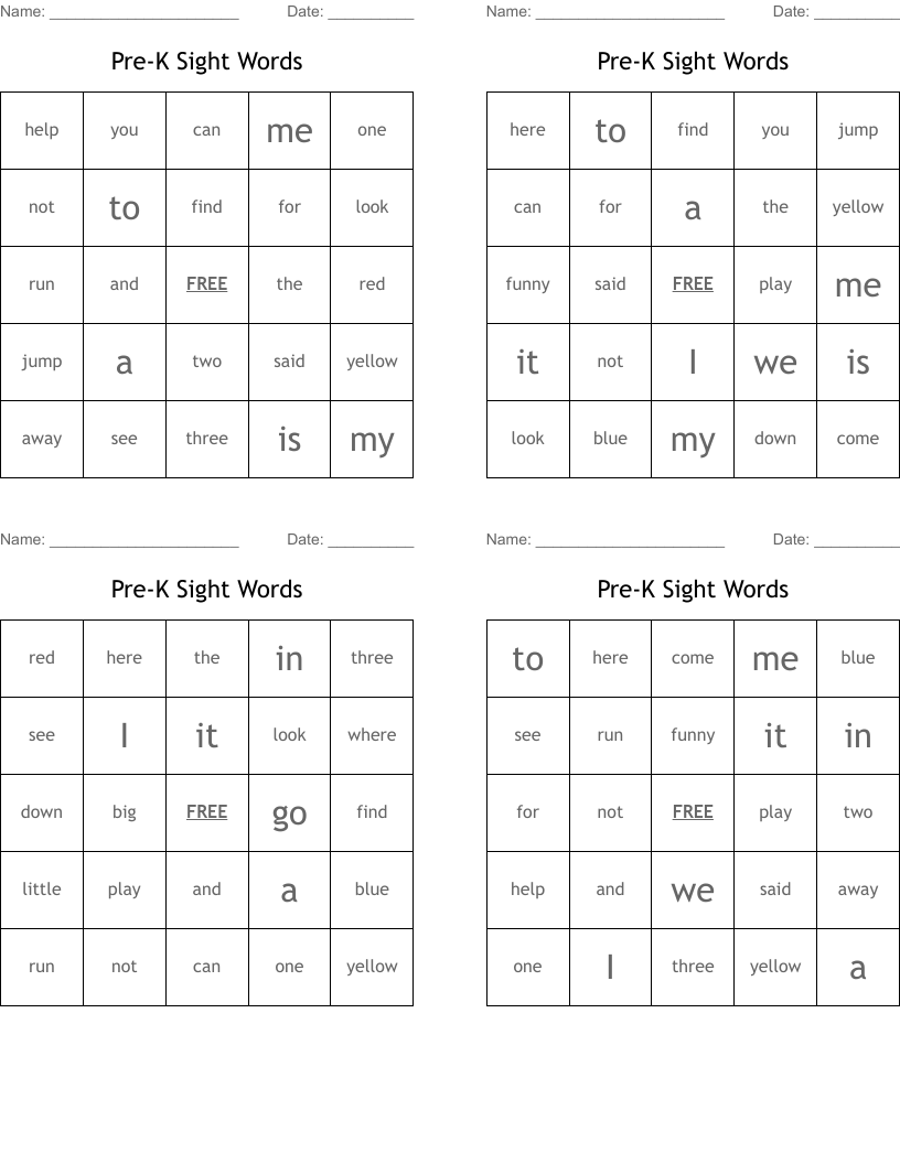 Pre-K Sight Words Bingo Cards