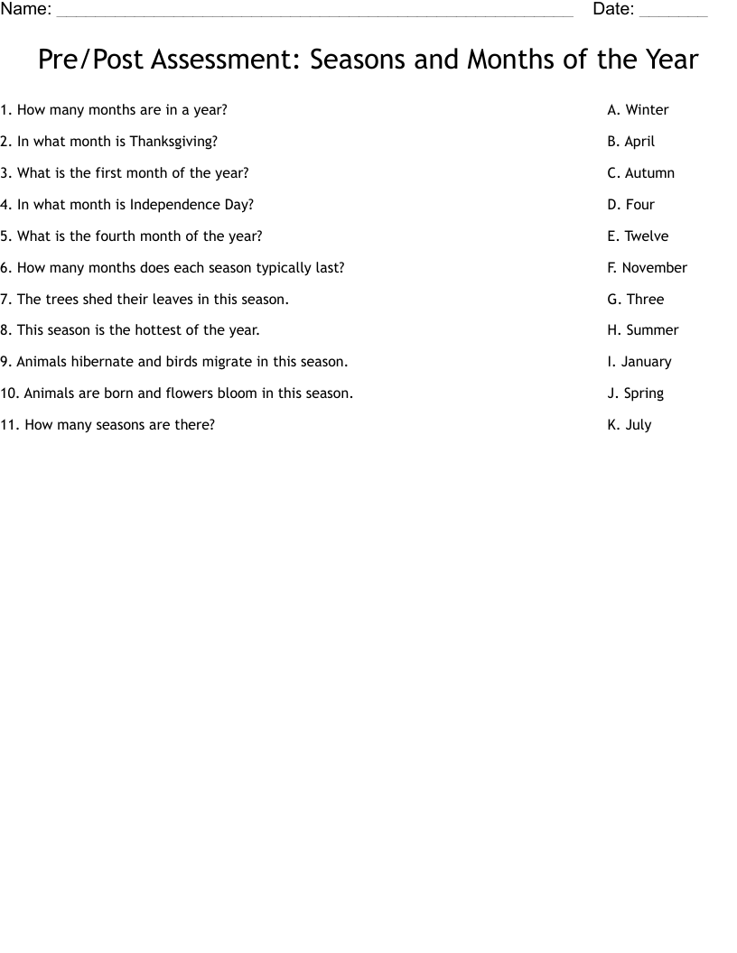Pre/Post Assessment: Seasons and Months of the Year Worksheet