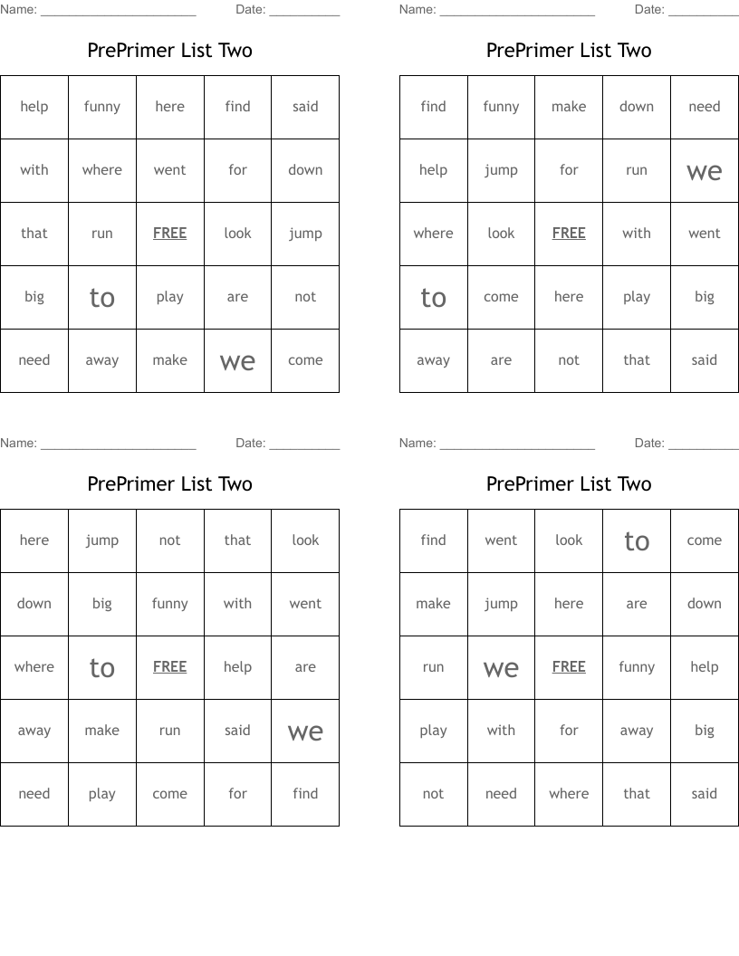 PrePrimer List Two Bingo Cards