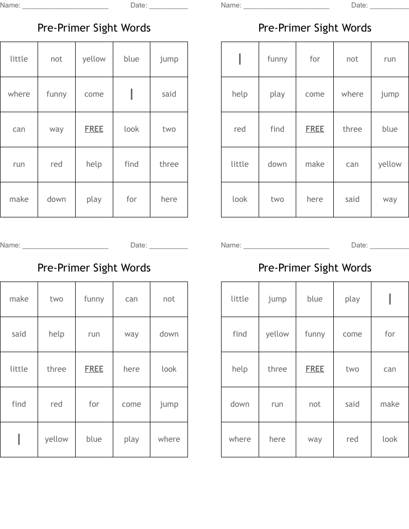 Pre-Primer Sight Words Bingo Cards