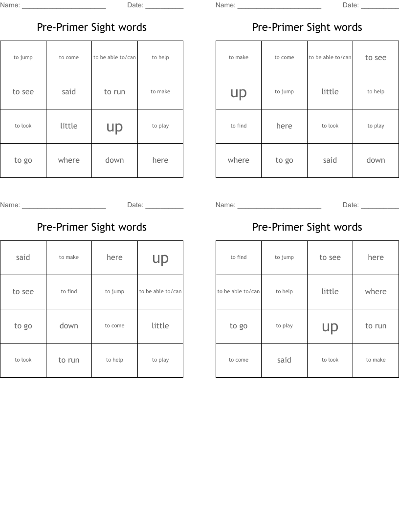 Pre-Primer Sight words Bingo Cards