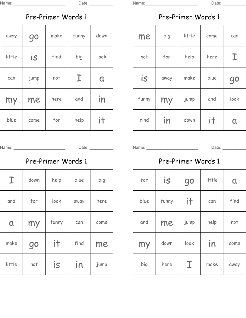 Pre-Primer Words 1 Bingo Cards
