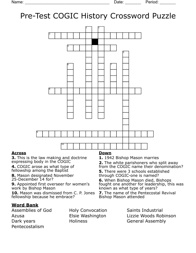 Pre-Test COGIC History Crossword Puzzle