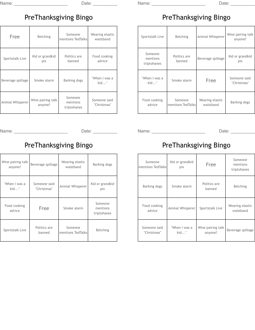 PreThanksgiving Bingo