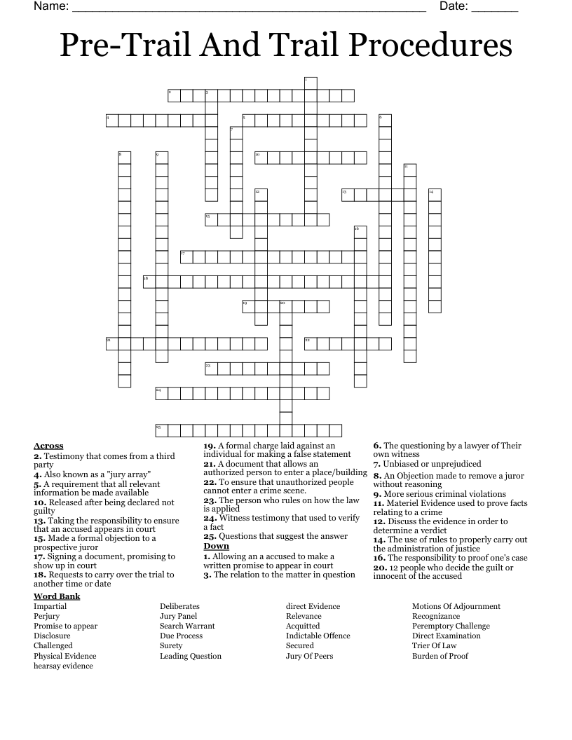 Pre-Trail And Trail Procedures Crossword