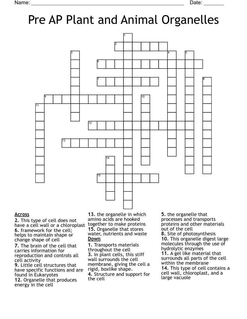 Pre AP Plant and Animal Organelles  Crossword