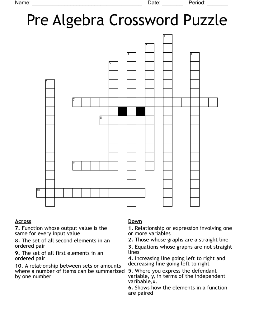 Pre Algebra Crossword Puzzle