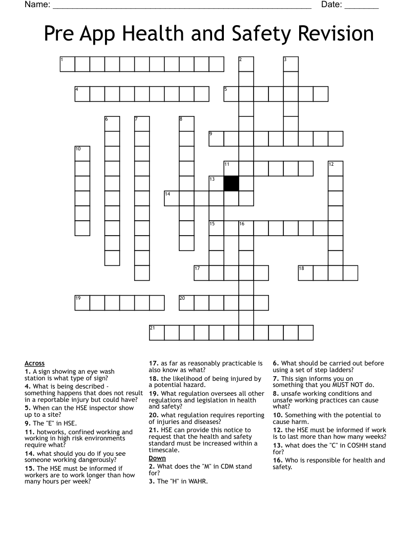 Pre App Health and Safety Revision Crossword