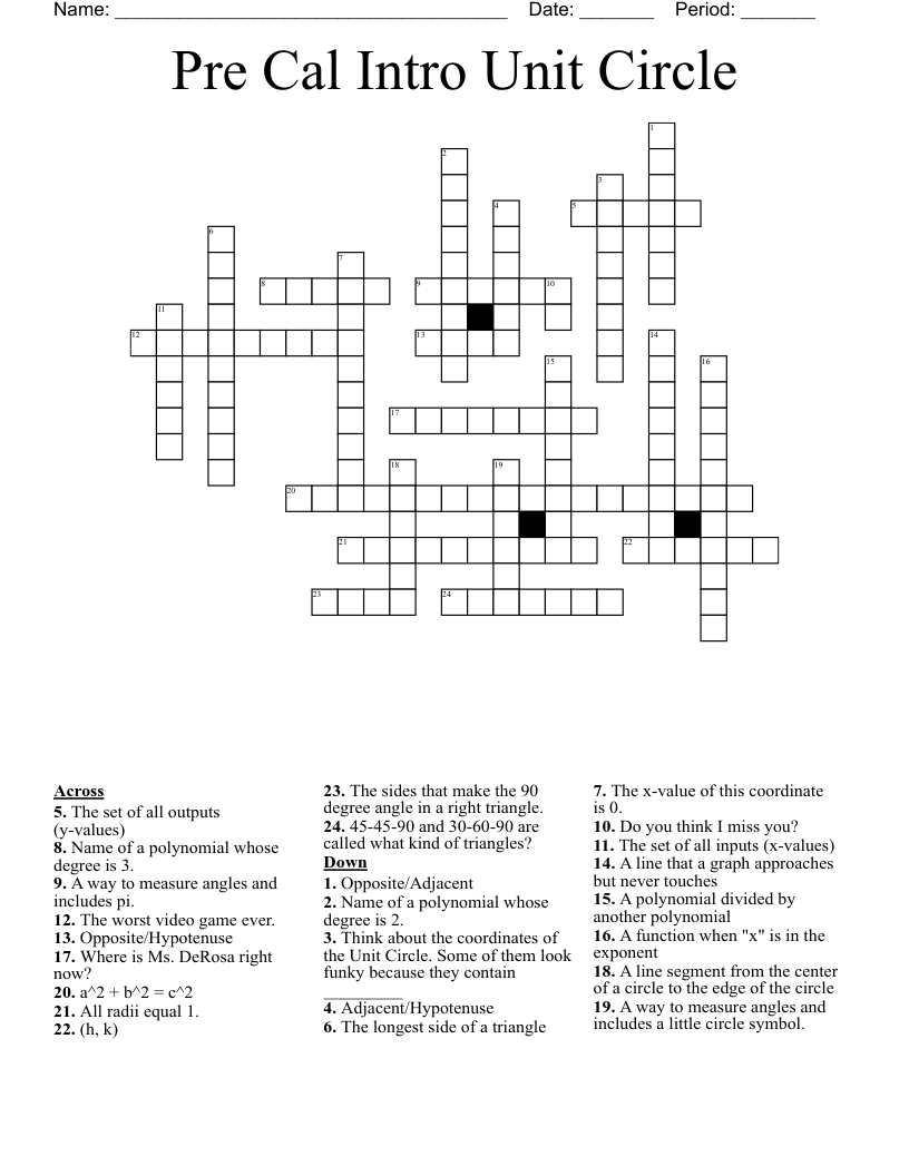 Pre Cal Intro Unit Circle Crossword