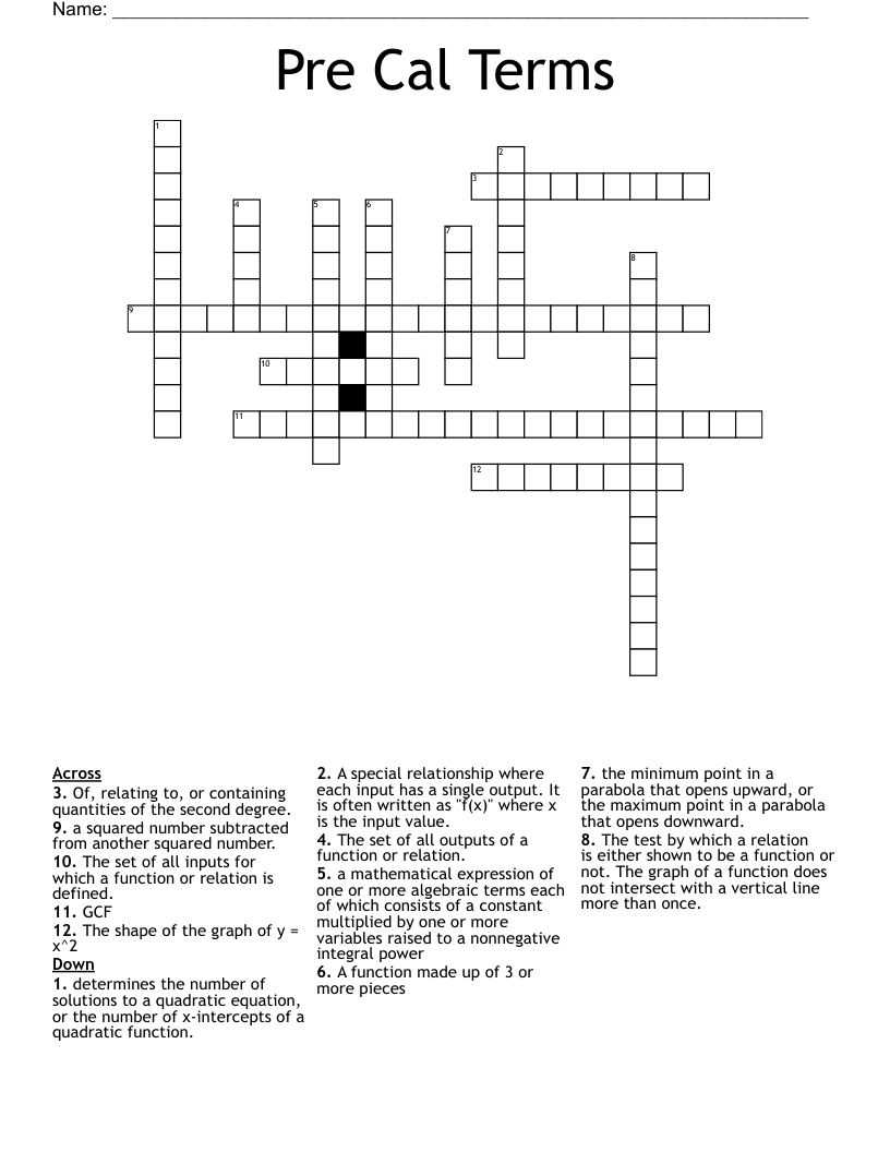 Pre Cal Terms Crossword