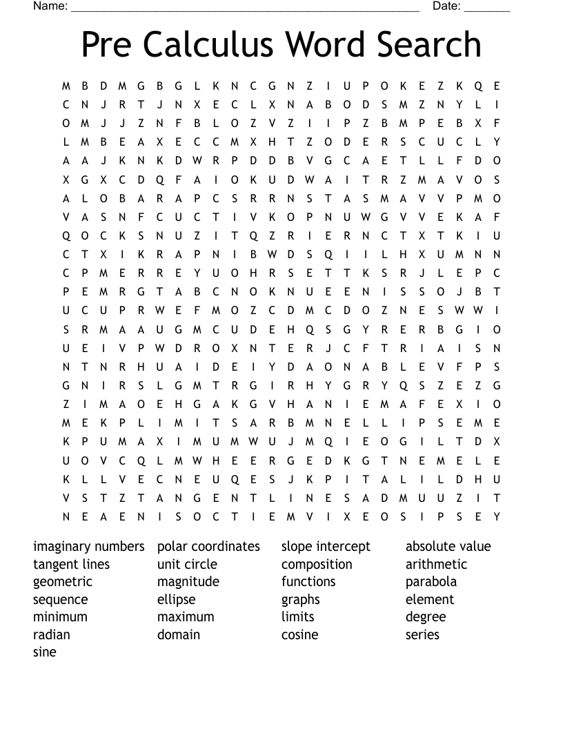 Pre Calculus Word Search 
