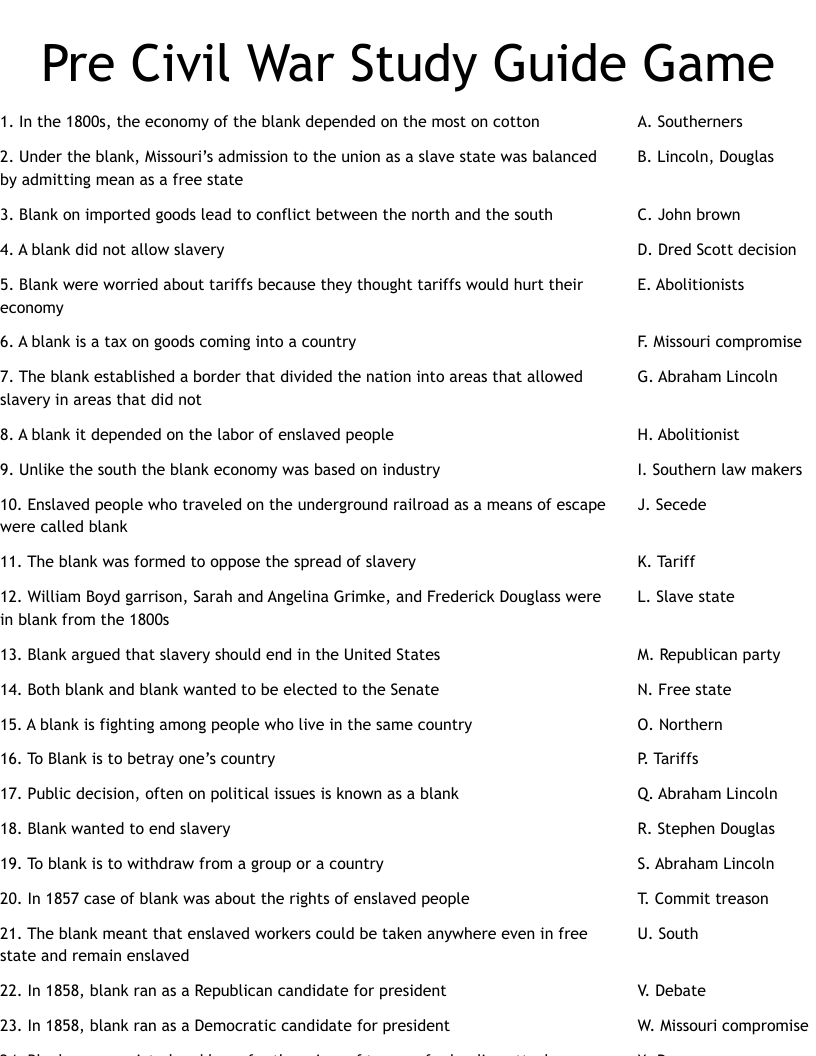 Pre Civil War Study Guide Game Worksheet