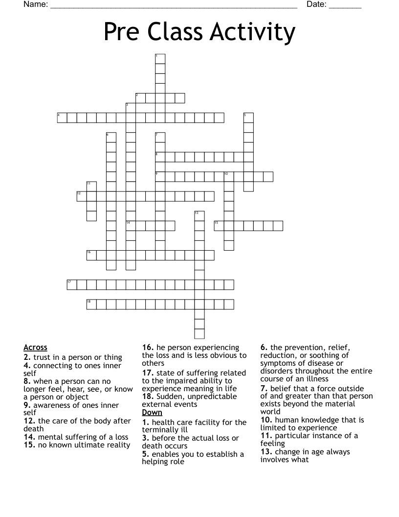 Pre Class Activity Crossword