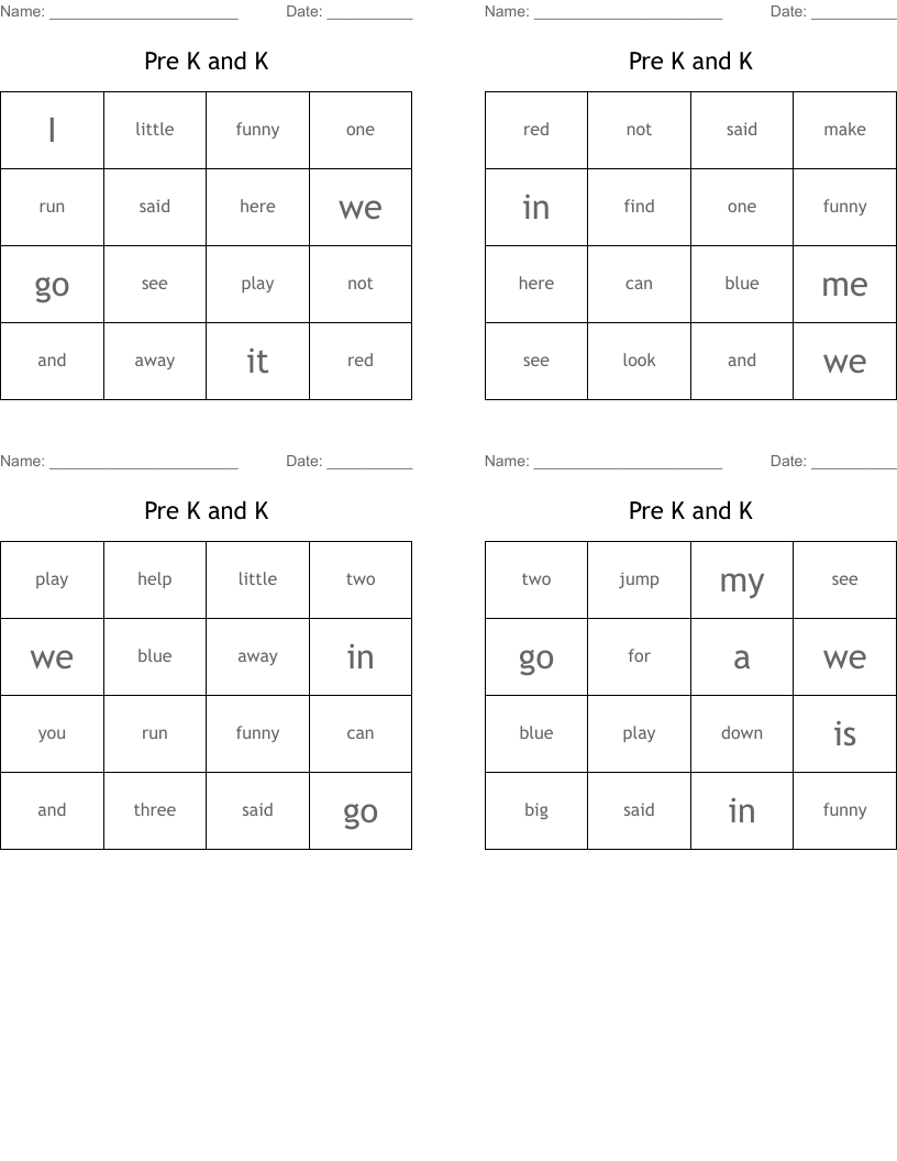 Pre K and K Bingo Cards