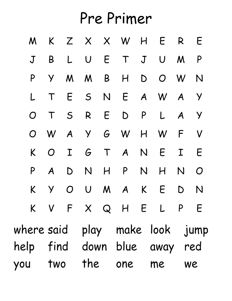 Pre Primer Word Search