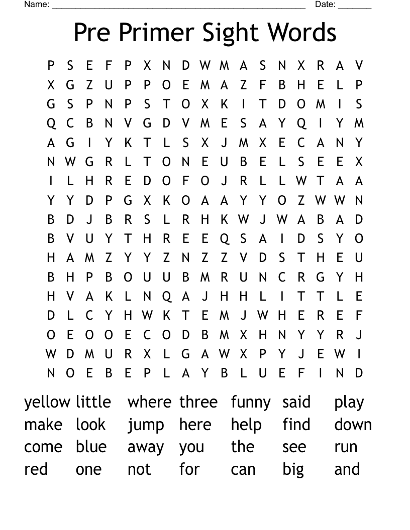 Pre Primer Sight Words Word Search