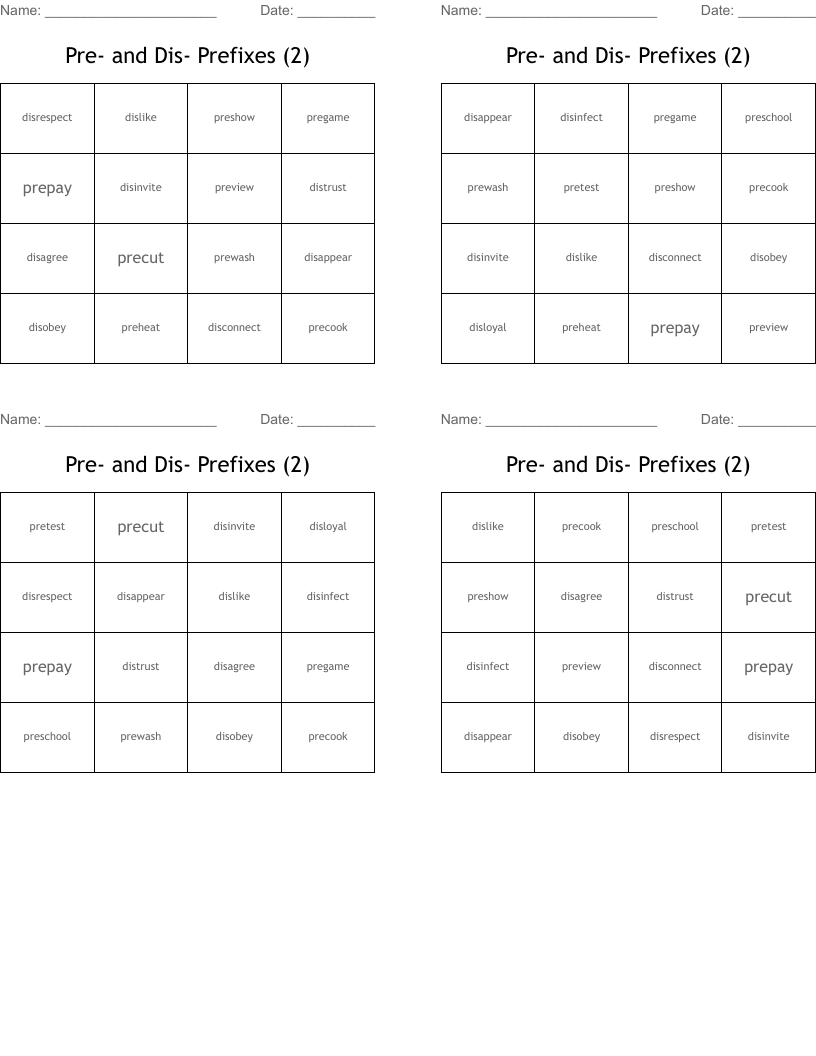 Pre- and Dis- Prefixes (2) Bingo Cards