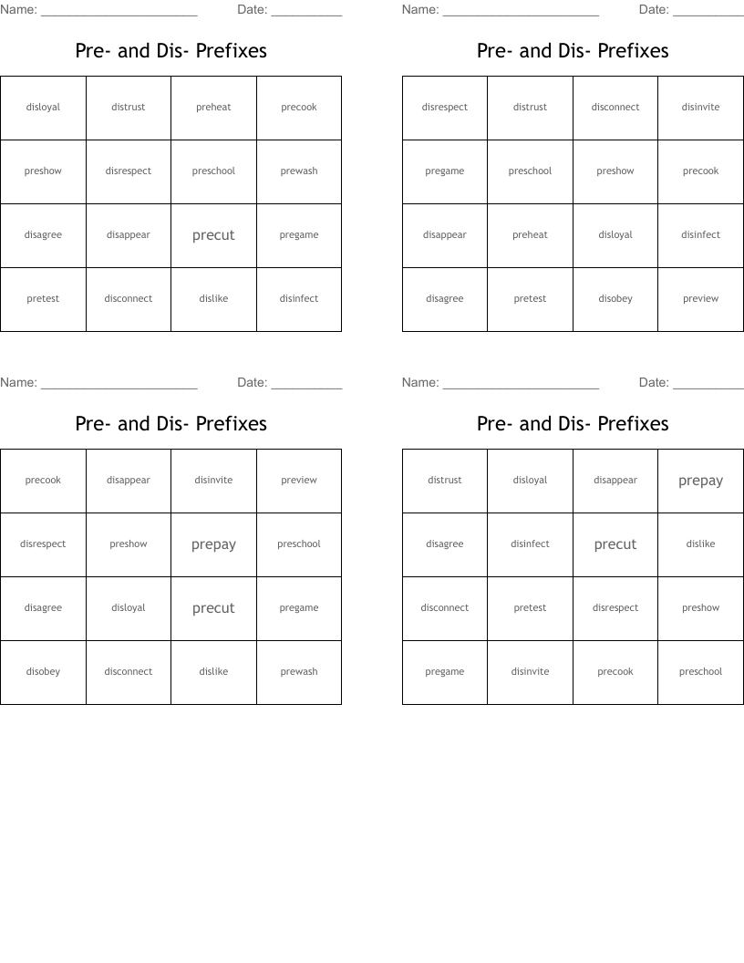 Pre- and Dis- Prefixes  Bingo Cards