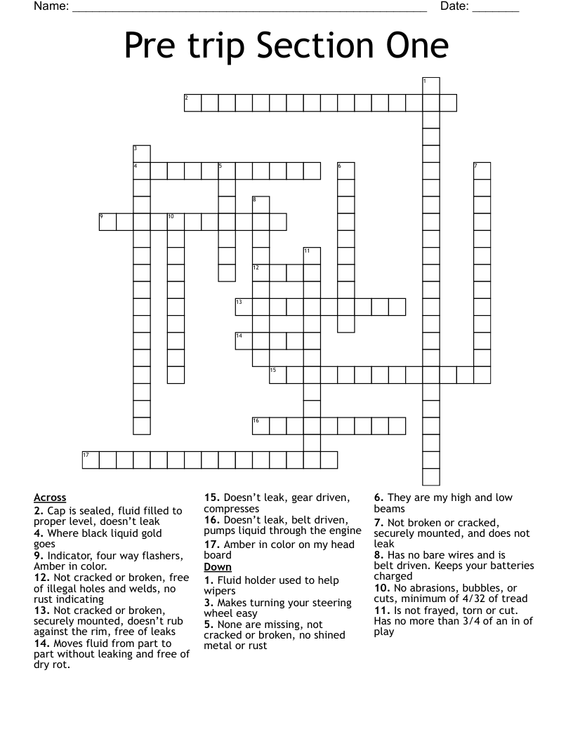 Pre trip Section One Crossword