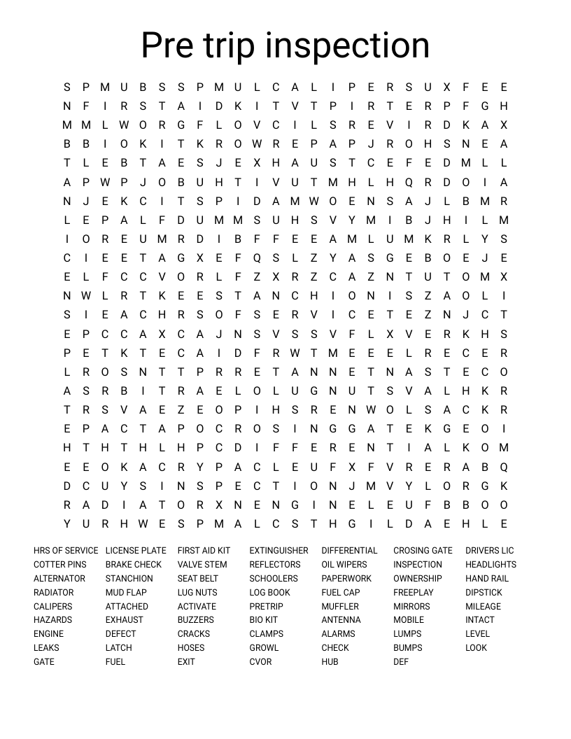 Pre trip inspection Word Search