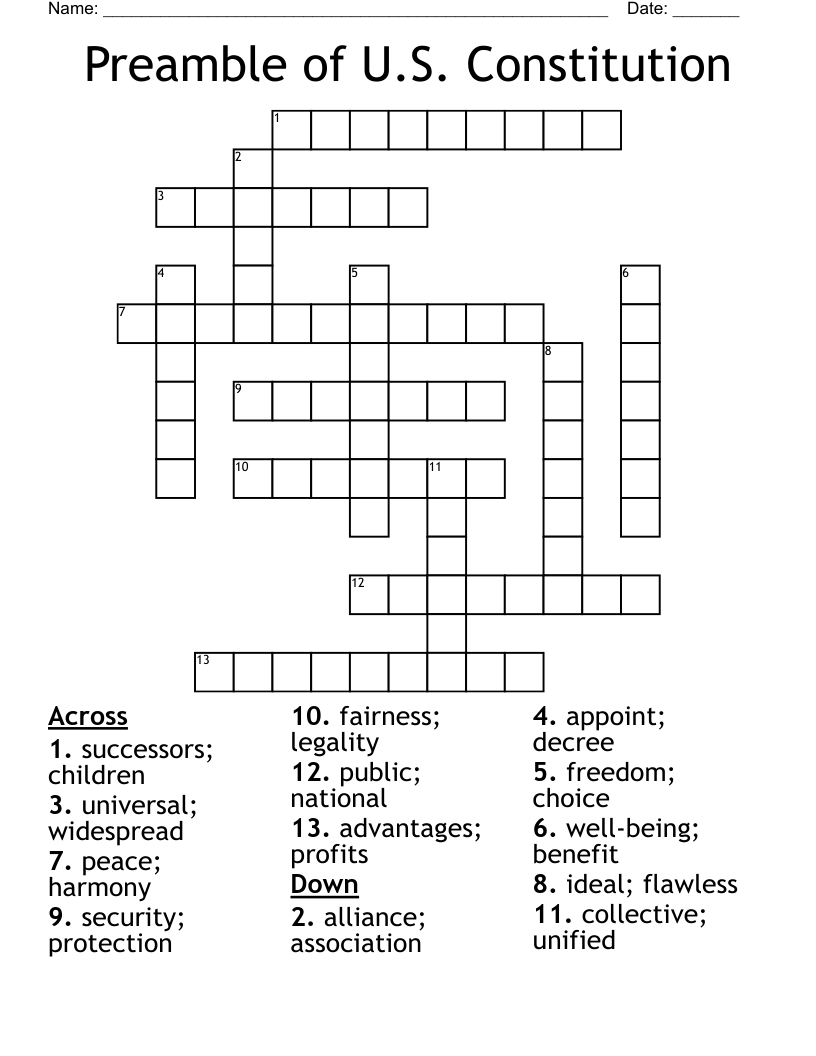 Preamble of U.S. Constitution Crossword