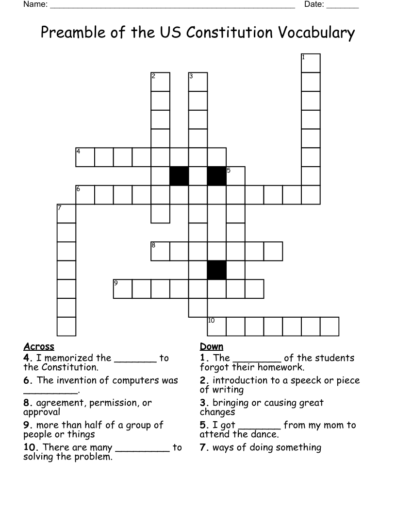 Preamble of the US Constitution Vocabulary Crossword